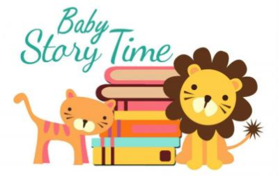 Cartoon of a lion and cat standing besides books. "Baby Story Time" is written at the top of the image.