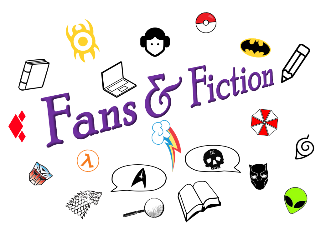Various fictional symbols and icons surround the words "Fans & Fiction"