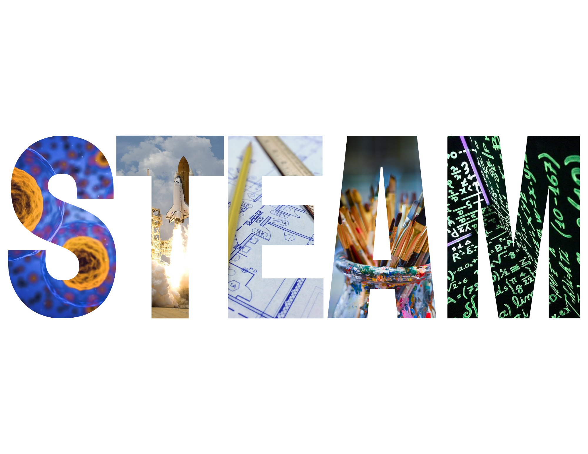 An image depicting the acronym "STEAM". Each letter has an image within it: S - Cells, T - NASA Rocket, E - Blueprints, A - Paintbrushes, M - Mathematical Equations.