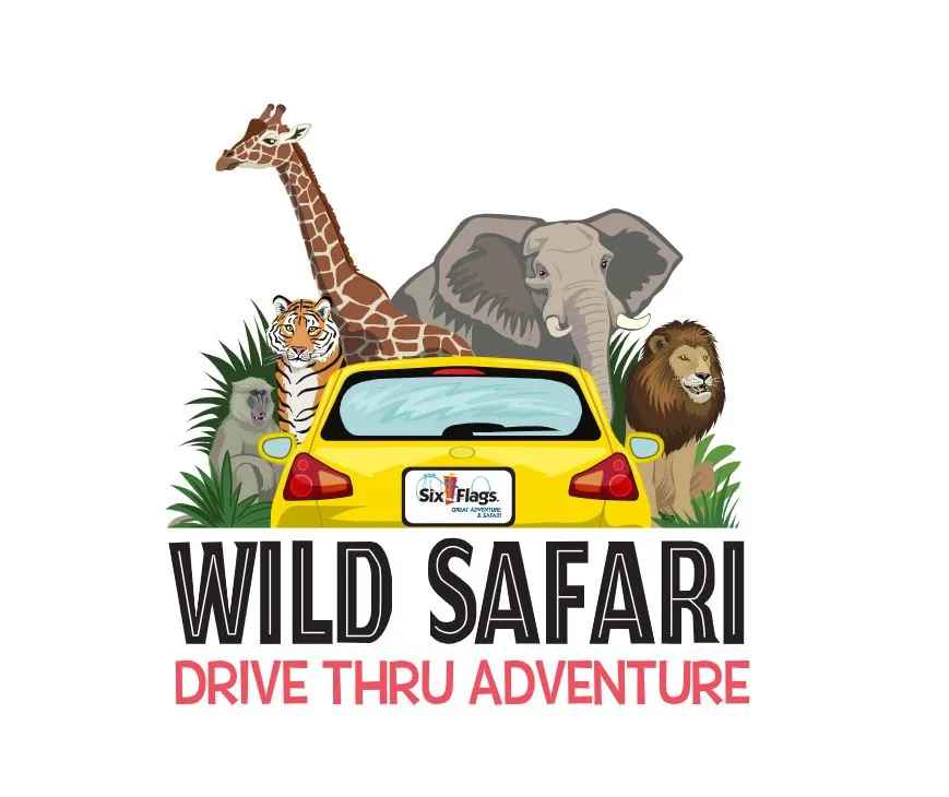 Animated picture of safari animals with a yellow car in the middle. "Wild Safari Drive Thru Adventure" is written on the bottom.