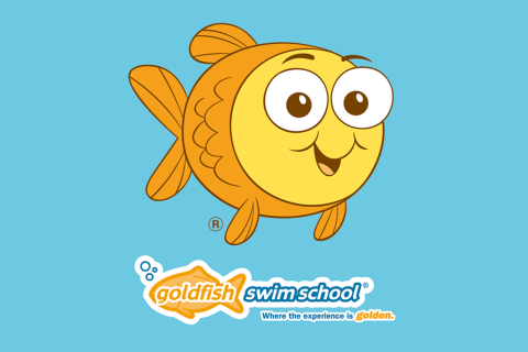 Goldfish Swim School Logo with Bubbles the goldfish