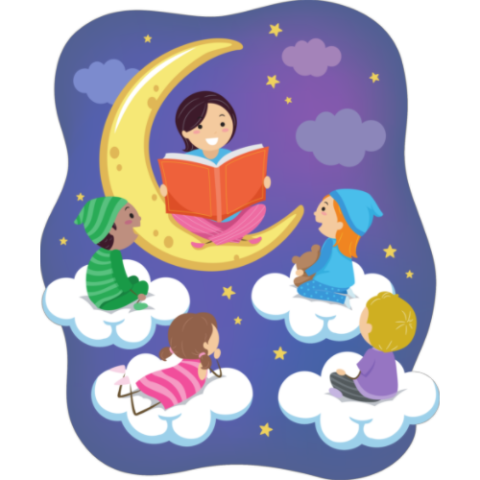 Storyteller sitting on the moon reading to four children in pajamas sitting on clouds