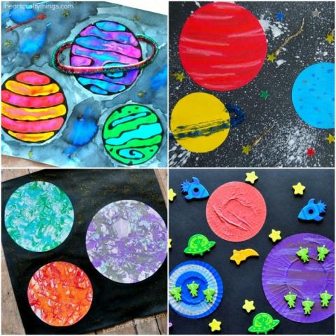 Paper art: Painted planets on construction paper.