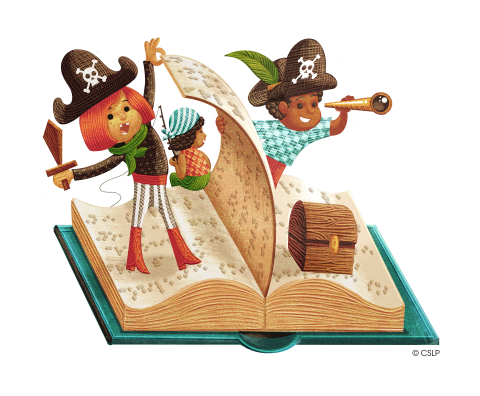 Two children dressed as pirates stand inside an oversized book.