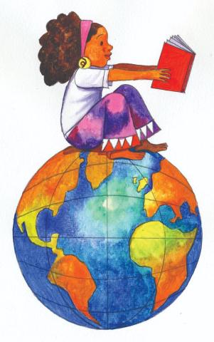 Young girl holding red book and sitting on globe