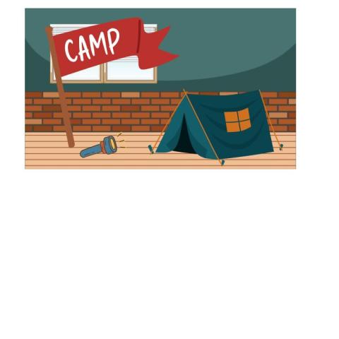 Image of tent, flashlight and camp flag inside a room