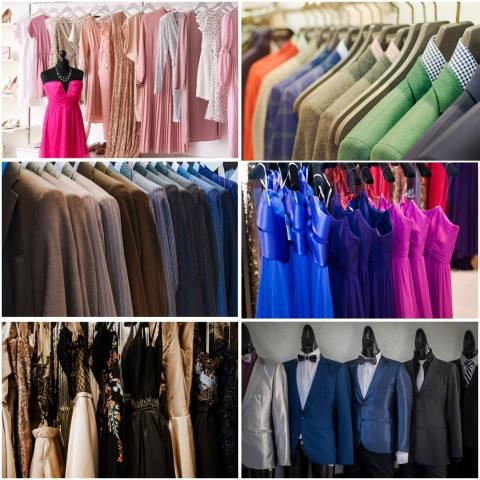 collage of photos of racks of formal dresses and suits